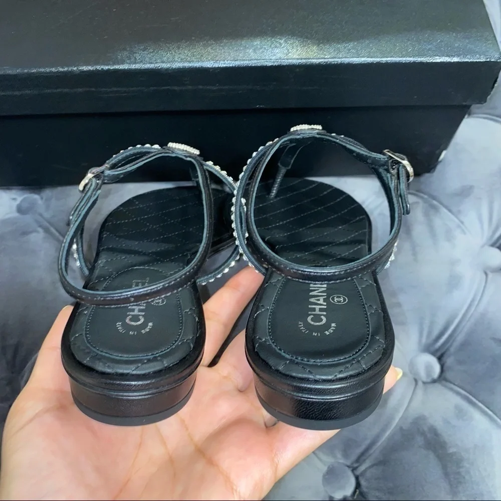 New Size 35.5 Chanel Black Thong Sandals Rhinestones
